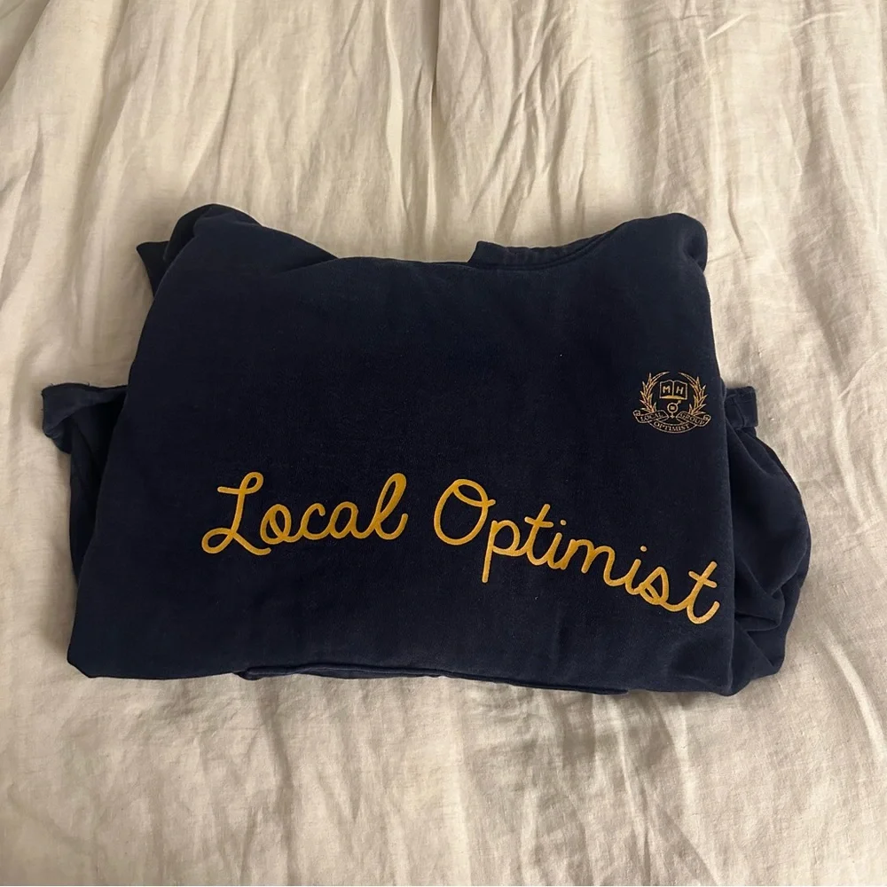 OG Madhappy Navy Hoodie with Yellow 'Local Optimist' Print - Picture 2 of 5